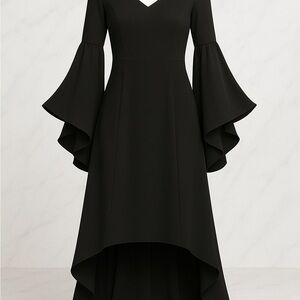 Women’s Black High Low Dress V Neck Bell Sleeve Flowy Elegant Size L